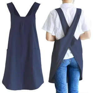 Japanese Style Linen Cotton Cross Back Pinafore Apron with Pockets for Women Ladies Men Chef Kitchen Cooking Baking