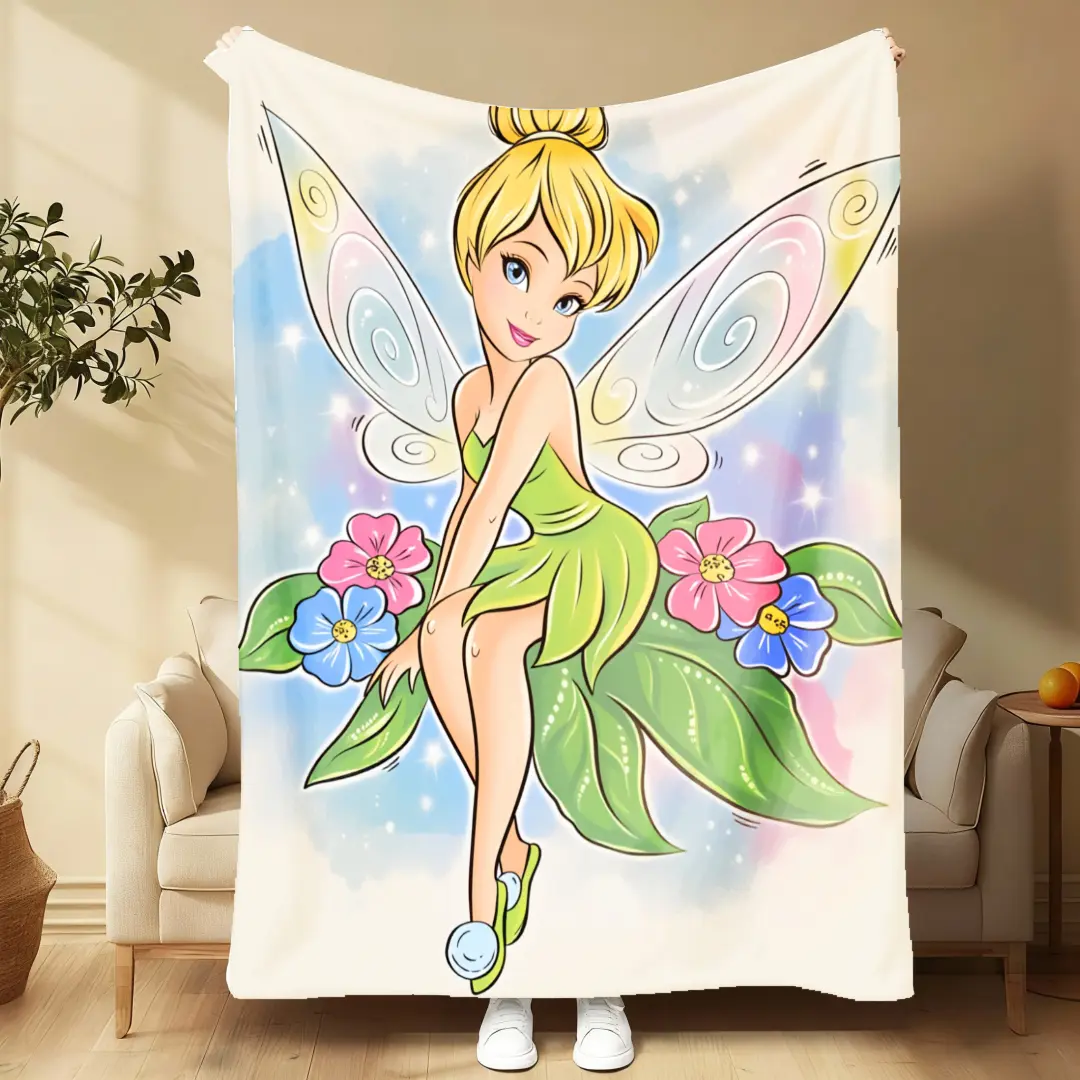 Tinkerbell Print Decorative Throw Blanket - White Fairy-Theme Design with Flower Accents, Soft-Textured Large Blanket for Living Room, Bedroom (Multi-Size)