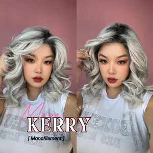 JBEXTENSION KERRY MONO Monofilament Handmade Wig 6X5 Full Monofilament Hand Tied Top Wig 18 Inches Grey with Dark Root Mono Lace Wig With Anti-slip Silicone Strips Glueless Wig KERRY MONO【BENDY EAR TABS】
