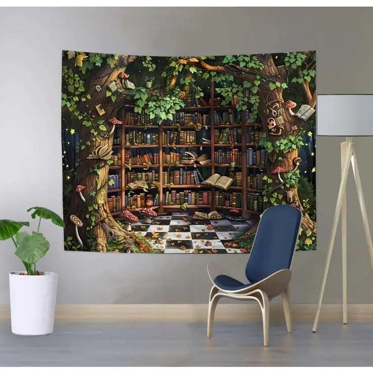 Vintage Bookshelf Tapestry - Whimsical Home Decor, Forest Scene Rectangular Wall Hanging, Medieval Library Bedroom Accent, Large Size 60x40 in, GTSXYUH006, Wall Decor, Indoors