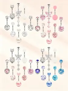 Stainless Steel Zircon Belly Ring Set, Butterfly Heart Decorative Navel Rings, 8 Piece Fashion Body Jewelry Piercing Jewelry, Elegant Rhinestone Design for Women and Girls, Belly Button Jewelry