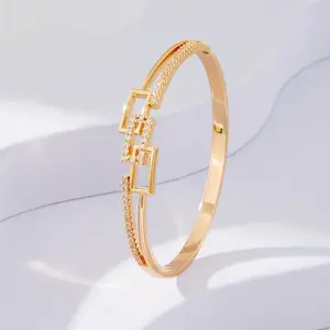 Crystal Interlocking Square Bangle Bracelet 14K Gold Plated Geometric Cuff for Women Elegant Dainty Jewelry Everyday Party Wear