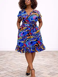 Women’s African Print Wrap Dress – Blue Multicolor Ankara Midi Dress, Casual Elegant Dress with Pockets