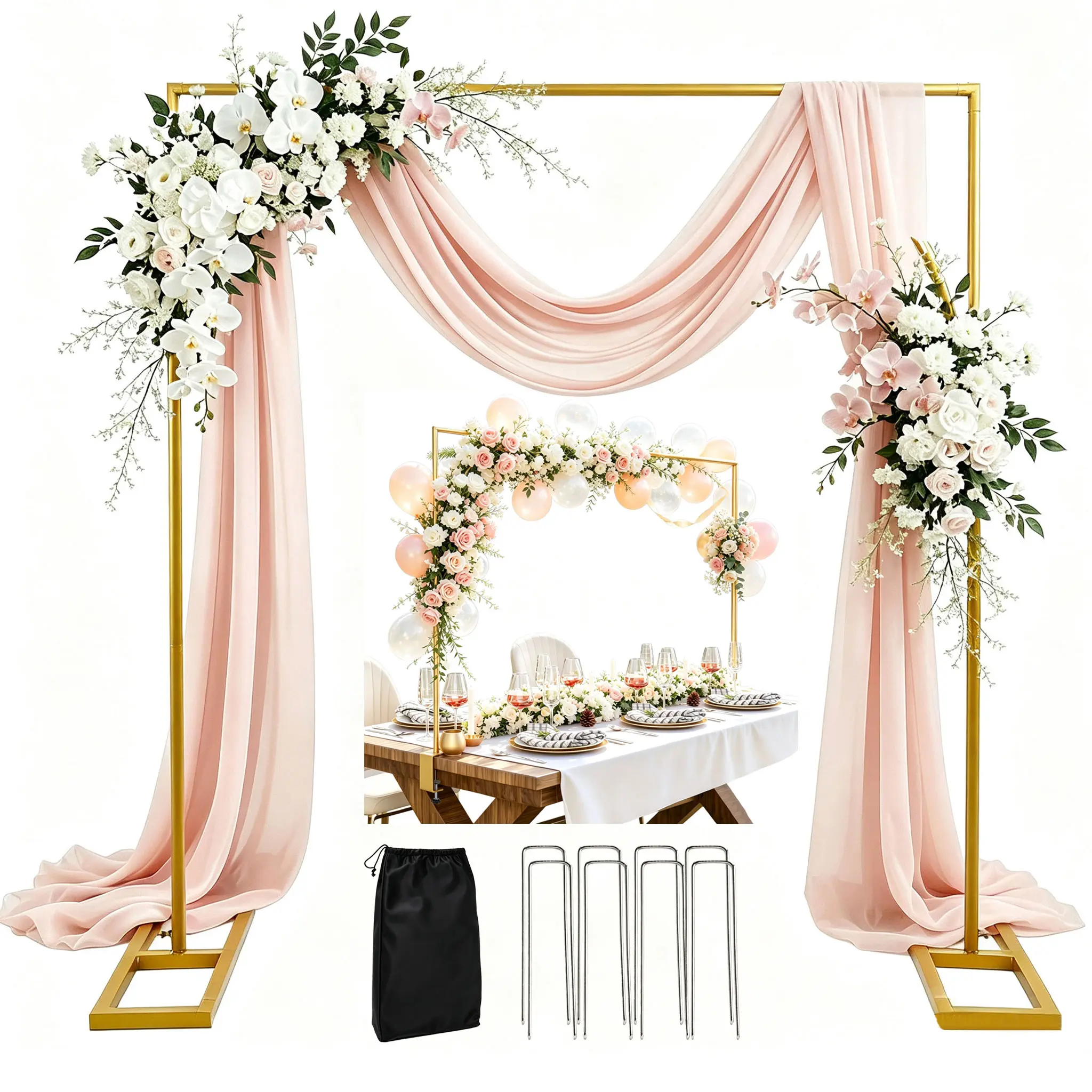 8FT x 8FT Square Backdrop Stand, Wedding Arch Heavy Duty Adjustable Stand, Over The Table Rod Stand with Clamps, Metal Gold Garden Balloon Frame for Party Decoration（1 set )