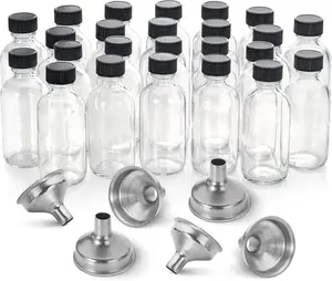 24 Pack, 2 oz Small Clear Glass Bottles w/ Lid & 6 Stainless Steel Funnels - 60ml Boston Sample Bottles - Mini Travel Essential or Decorative Bottles for Potion, Juice, Wellness, Ginger Shots, Whiskey