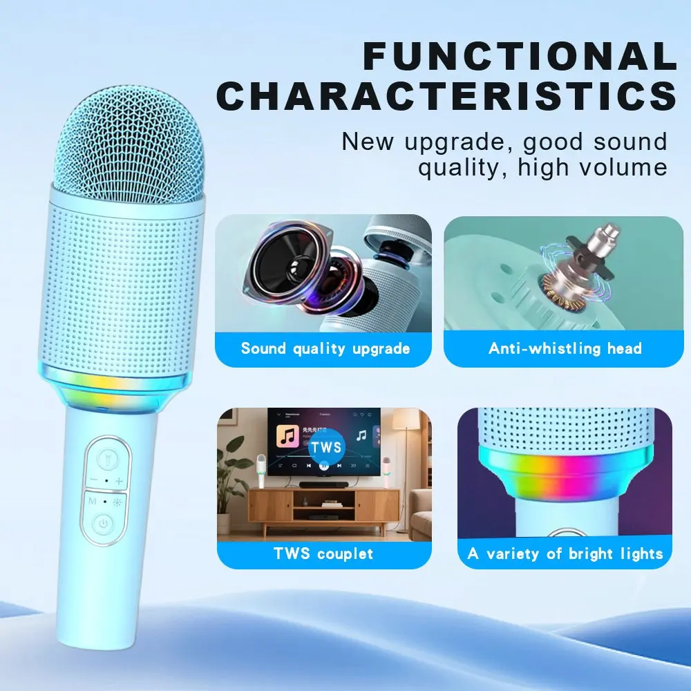 Portable Bluetooth Karaoke Mic | RGB Party Lights, Noise Reduction, Wireless Singing for iOS/Android, Built-in Speaker