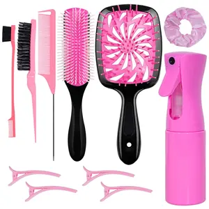 11 Pcs Hair Brush Set, Detangle Hair Brush And Spray Bottle, 3 Pieces Smooth Hairbrush For Toddlers, Suitable For Wet and Dry Hairstyles, Suitable For Adults And Children. (Pink)