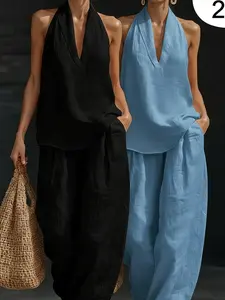 2026 Sexy Halter Backless Two Piece Set, Linen V-Neck Top & High Waist Wide Leg Pants, Summer Boho Beach, Long Sleeve, Loose-Fit
