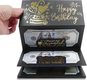 Birthday Money Envelope for Cash Gifts, Surprise Cash Envelope for Men Women Kids, Birthday Gift Card for Men Women Girls Boys, Black Gold Money Holder - money gift
