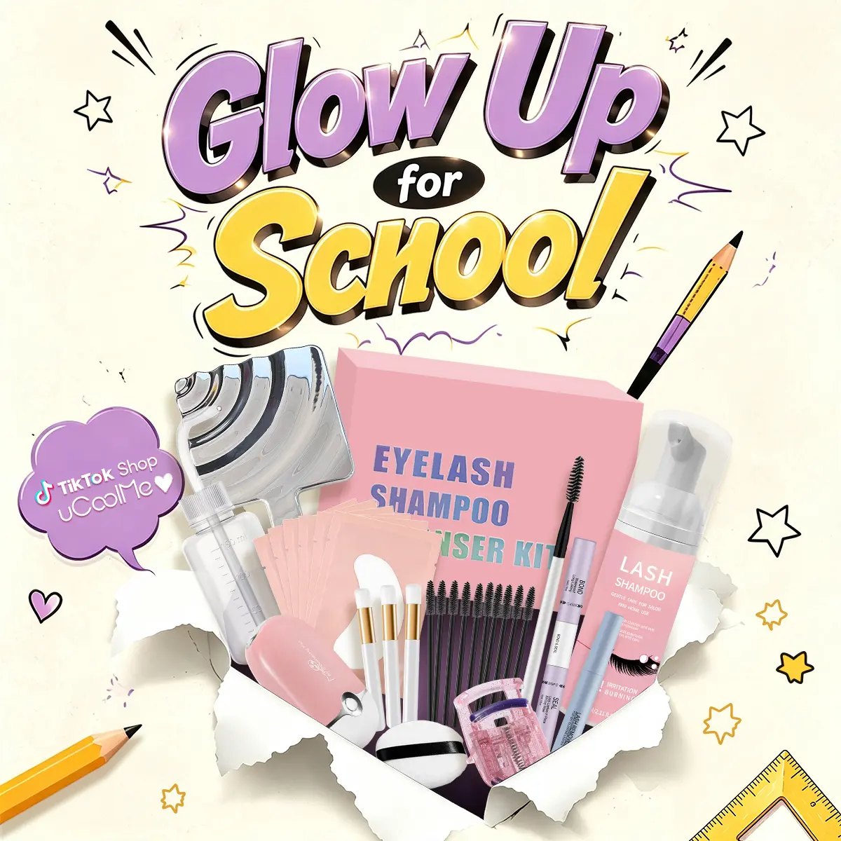 uCoolMe DIY Lash Aftercare Cleansing Multi-Pack - Lash Clusters Kit with Shampoo, 2-in-1 Bond Sealer & Makeup Remover, Beginner-Friendly Tools, Mirror, Eyebrow Summervibes (Stockup Option),sunscreen