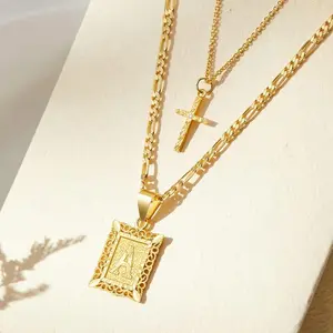 Initial Letter Pendant Necklace for Men Womens, 14K Gold Plated Square Capital Monogram Necklace Alhpabets from A-Z Figaro Chain Necklace