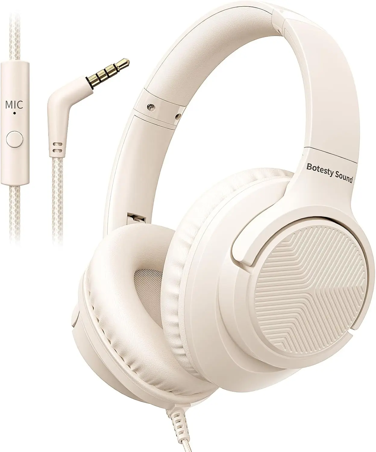 Wired Headphones with Microphone for School, 3.5mm Corded Headphones, Beige | Wired Over Ear Foldable Plug in Headphones, 4.9ft Tangle-Free Nylon Cord for School, Tablet, Laptop, MP3/4, Airplane Travel