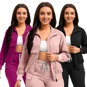 Medical workwear, thickened long sleeved stand up collar baseball jersey, solid color pocket nurse uniform, European and American women's clothing upgrade wardrobe fabric, polyester synthetic silk spandex workwear, 52002 navy blue basic model