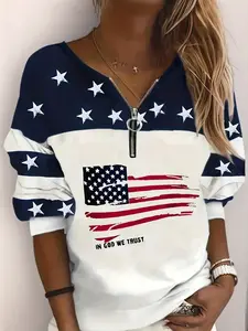 Women's American Flag Print Zipper Pullover Sweatshirt, Star & Striped Print Longsleeves Sweatshirt for Daily Wear, Ladies Tops Clothes for All Seasons, Graphic Pullover, Loose Casual Sweatshirt, Graphic Sweatshirts