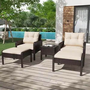 Aecojoy Outdoor 5 Pieces Patio Furniture Set, PE Rattan Wicker Chairs with Ottoman and Table, Bistro Set for Front Porch, Garden, Backyard, Balcony