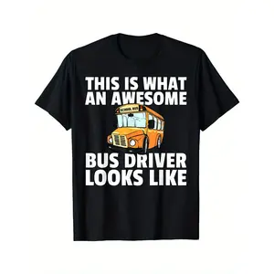Funny School Bus Driver Graphic T-Shirt for Men & Women - "This Is What an Awesome Bus Driver Looks Like" Slogan, Black Casual Short Sleeve Tee with Yellow Bus Design, Regular Fit