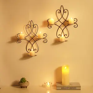 Set of 2 Wall-Mounted Abstract Metal Candle Holders Featuring 3 Cups - Perfect for Romantic Holiday Decor, Romantic Bedroom Accessories, Home Embellishments, And Outdoor Styling, Votive Holders