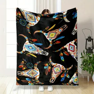 Native American Style Bull Skull Pattern Blanket, Black Background with Bold, Rich Colors Full of Exotic Flair, Infusing Your Home with a Blend of Vintage and Modern Artistic Charm, Warm and Cozy, Boho Style Blanket, Soft Warming Blanket