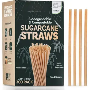 Sugarcane Straws [300 Pack] 8.25" | FSC Certified  Compostable Straws Disposable for Warm and Cold Drinks | Plastic-free &  Packaging |  made with Sugarcane Fiber