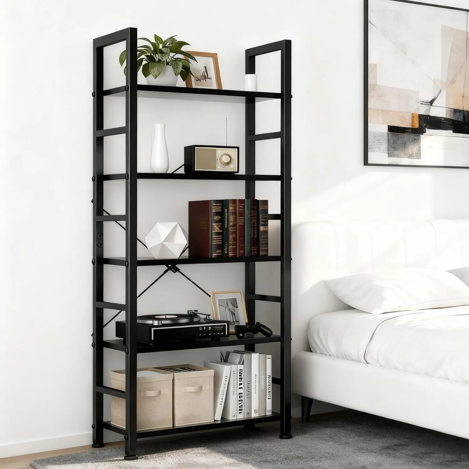 Black 5-Tier Wooden Bookshelf with Metal Frame, Free-Standing Open Storage Rack with Practical Storage & Organization, Sturdy 62.2" Tall Display Unit for Living Room, Home Office