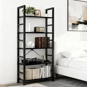 5 Tier Bookshelf, Free Standing Wooden Bookcase with Open Storage Shelves with Metal Frame, Sturdy Shelf Organization Display Rack for Living Room, Bedroom, Home Office, 62.2" Tall, Black