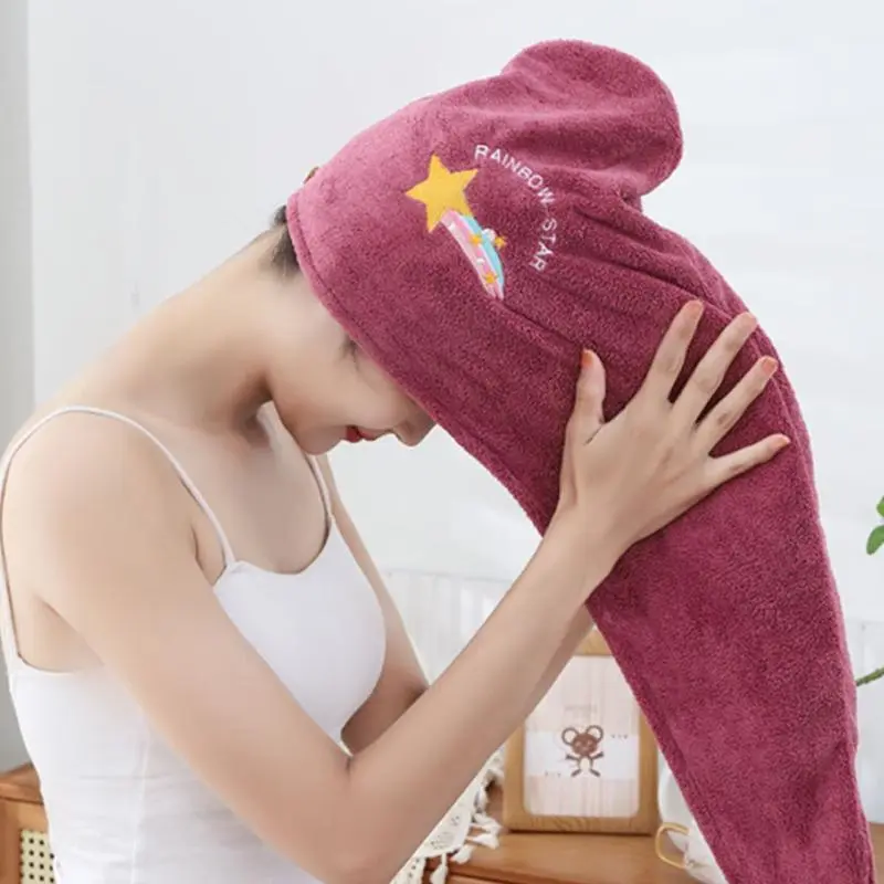 Hair Drying Towel, 1 Count Cute Embroidered Hair Towel Wrap, Soft Quick Dry Absorbent Reusable Quick Drying Towels Shower Cap