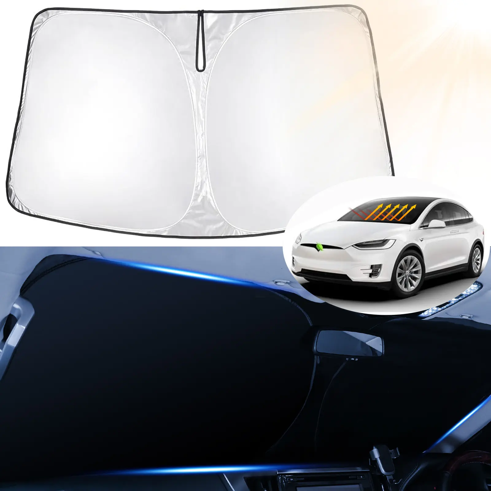 Canvcle Car Windshield Sun Shade for Tesla Model X 2016-2026, 240T Reflective Fabric Foldable Visor-Mounted Front Protector, UV-Blocking Shade for Car Window, Car Windshield Sunshade