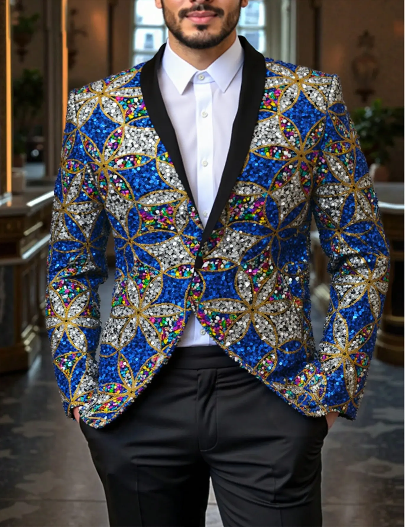 Men's Sequined Suit - V-Neck, Long Sleeve, Bold Sequin Style, Festive Shimmer, Photoready Sparkle, Standout Sequins for Parties & Social Gatherings, Formal Wear, Menswear, Elegant, Fancy, Glamorous, Sheer, Fitted, Sparkling, Collared Neck, Aesthetic, Part