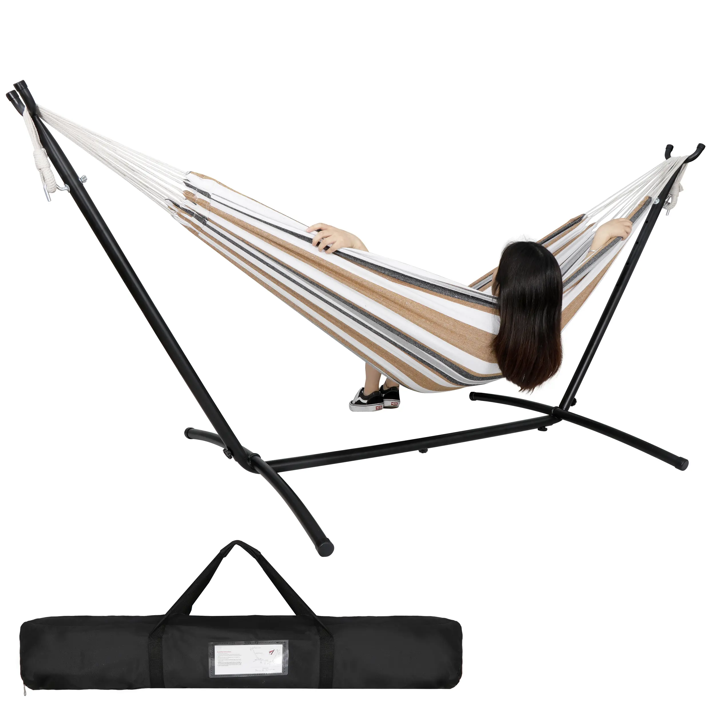 9FT 450lbs Portable Brazilian Double Hammock Stand - 2-Person, 6 Adjustable Positions, Stripe Pattern Fabric Hammock with Soft Seat & Lounge Swing, Carry Bag for Indoor/Outdoor Patio, Adjustable Fabric Hammock, Soft Hammock Seat