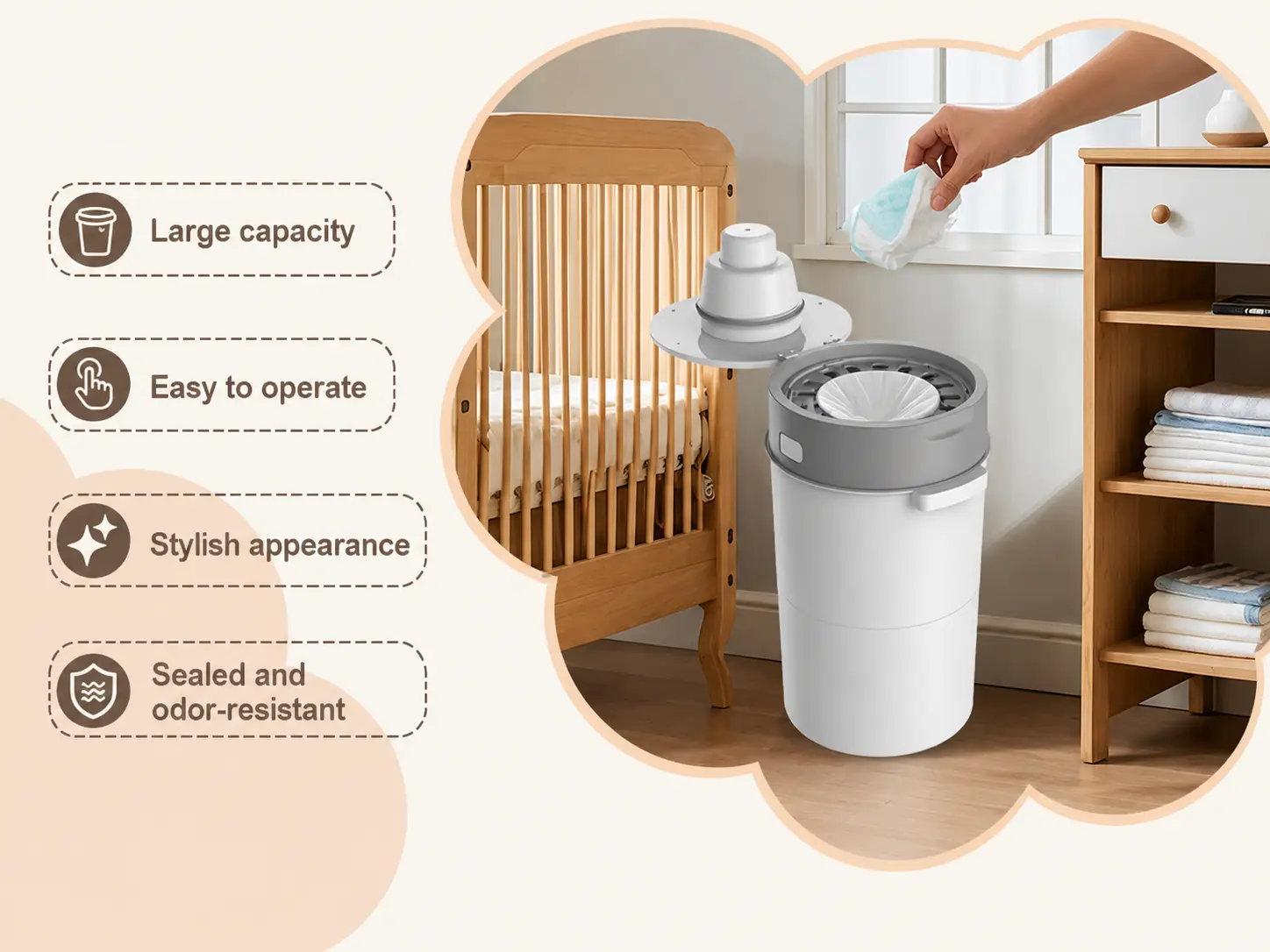 Bellababy Diaper Pail - Upgrade Baby Diaper Bin with Double Odor Locking, 4 Refills (270 in/pcs), Compact Design for Nursery Home Waste Separation System