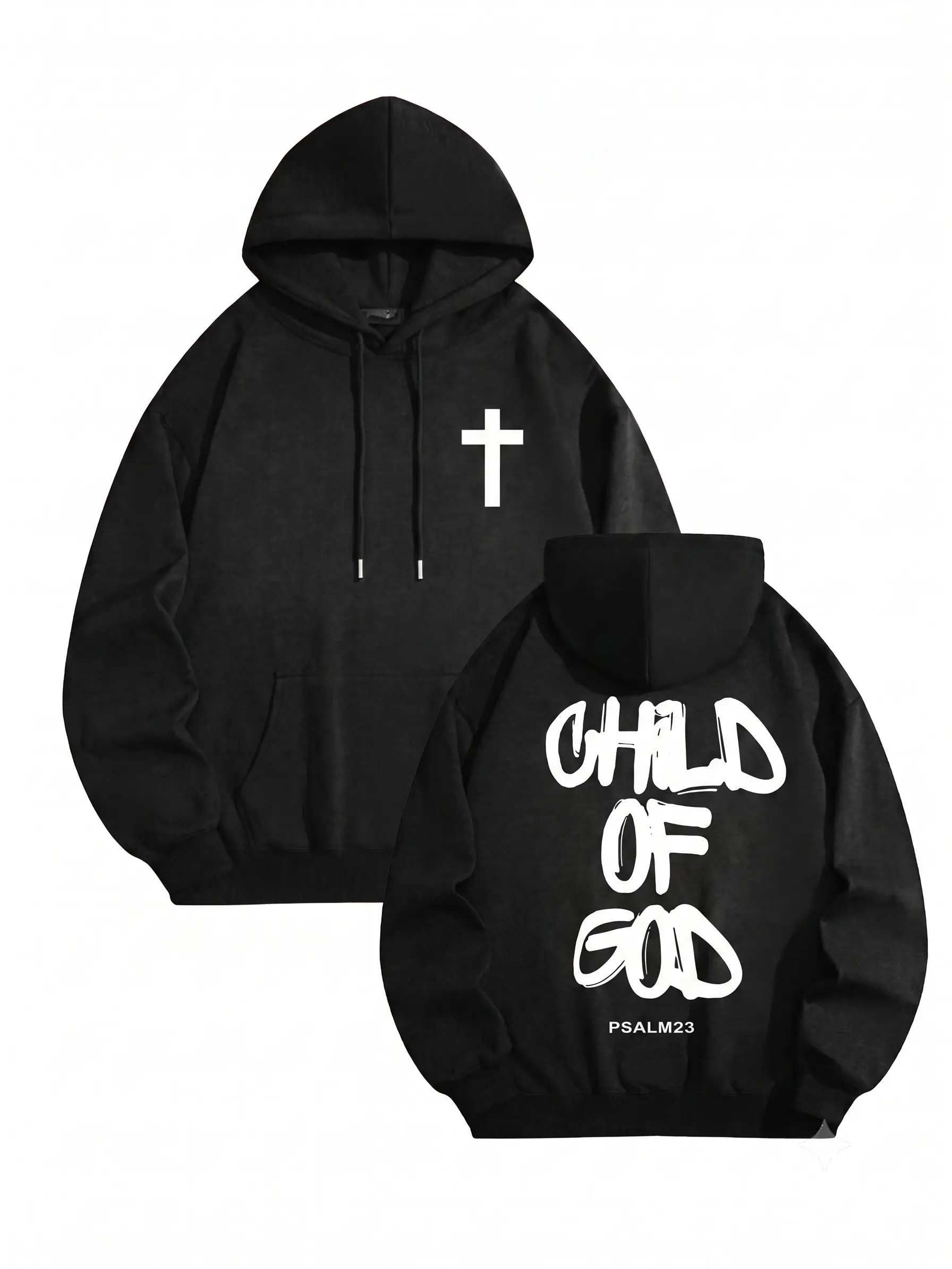 Men's Unisex Black Oversized Hoodie Sweatshirt - Medium Length, Front Small Cross, Back Child Of God Graffiti Bold Graphics 2-Sided Print, Cold Machine Wash Streetwear Pullover