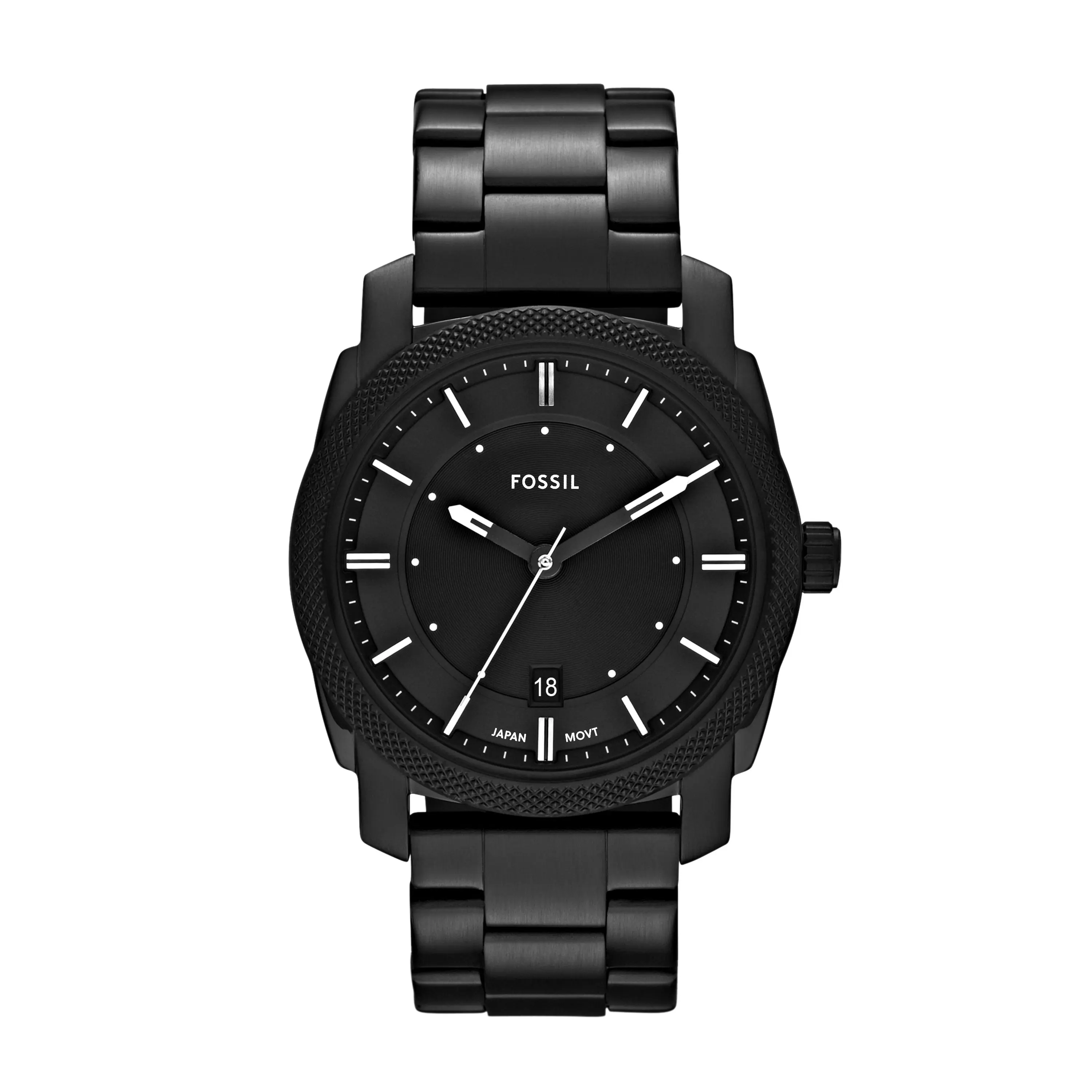 Fossil Machine 42mm Men's Three-Hand Day-Date, Black Stainless Steel Watch