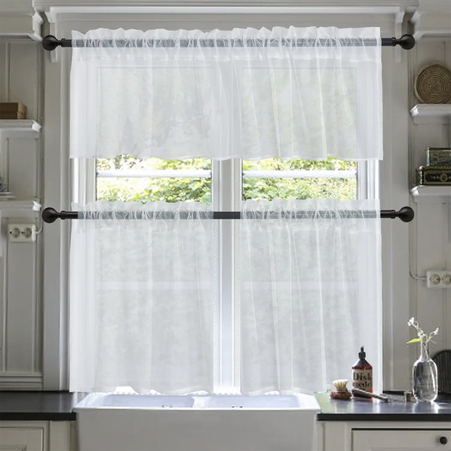 Mesh Sheer Curtain 3-Piece Set, Flowy & Light-Filtering Rod Pocket Drapes for Bedroom & Living Room Transparent Colorful Wedding Curtain Gauze Festive Christmas Insulated Short kitchen Valance and Striped Panel dishwasher langsir bidai blackout sheer Ring