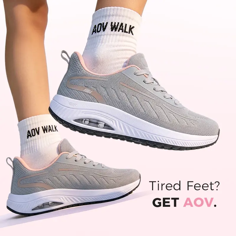 AOV Women's Knit Fabric Walking Shoes - Closed Toe Casual Trainers with Ergonomic Curved Rocker Sole, Arched Support, Shock Absorption, All Seasons Breathable Design for Long Walks, Ergonomic Curved Sole, Prevents Fatigue, Reduces Foot Strain