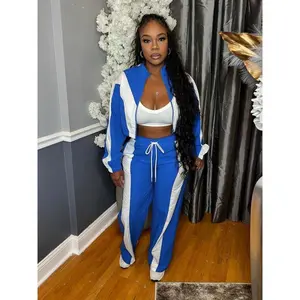 Women’s Fashion Two-Piece Set, Zipper Cardigan Jacket & Wide-Leg Drawstring Pants, Casual Patchwork, Spring & Autumn