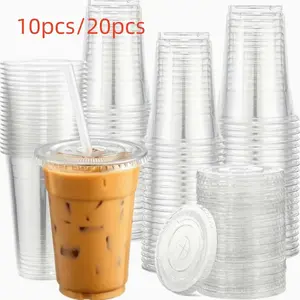 10pcs/20pcs Transparent Plastic Cups with Lid, Disposable Leak-Proof Non-Slip, Perfect for Ice Coffee, Bubble Tea, Parties, Weddings, Travel, Clear Plastic Cups