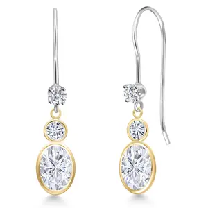 Gem Stone King 14K Two Tone Gold White Moissanite and Lab Grown Diamond Dangle Earrings for Women | 2.14 Cttw | Gemstone Birthstone | Oval 7X5MM
