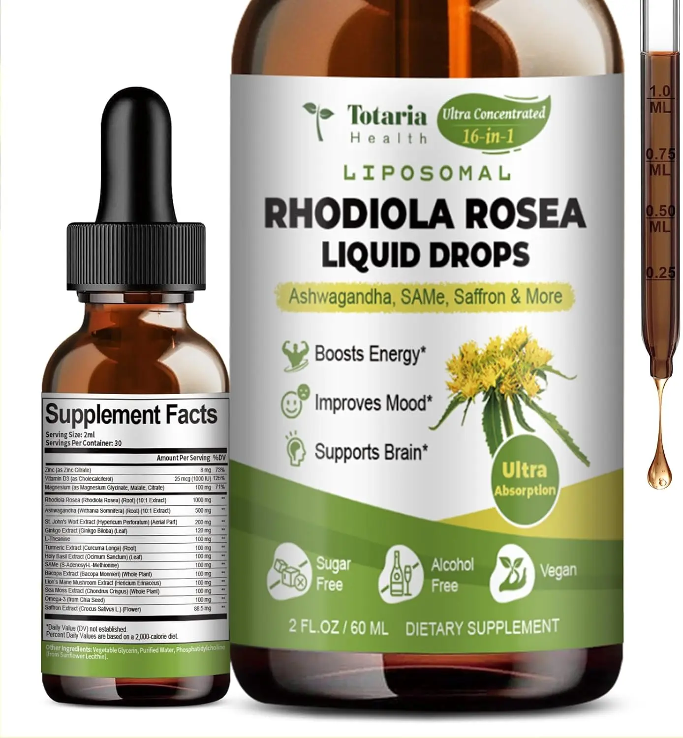 Totaria 16-in-1 Liposomal Rhodiola Rosea Supplement Tincture 1000mg, Ultra Strength Rhodiola 10:1 Root Extract w/Ashwagandha, Rhodiola Liquid Drops for Natural Relaxation, Mood, Energy, Alcohol-Free