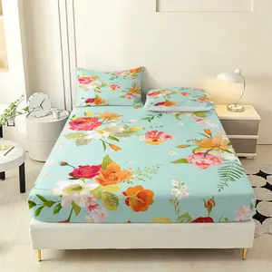 Three pieces with colorful flower patterns on a blue background Print Bed Sheet Set (1 Fitted + 2 Pillowcases), Ideal for Bedroom or Guest Room