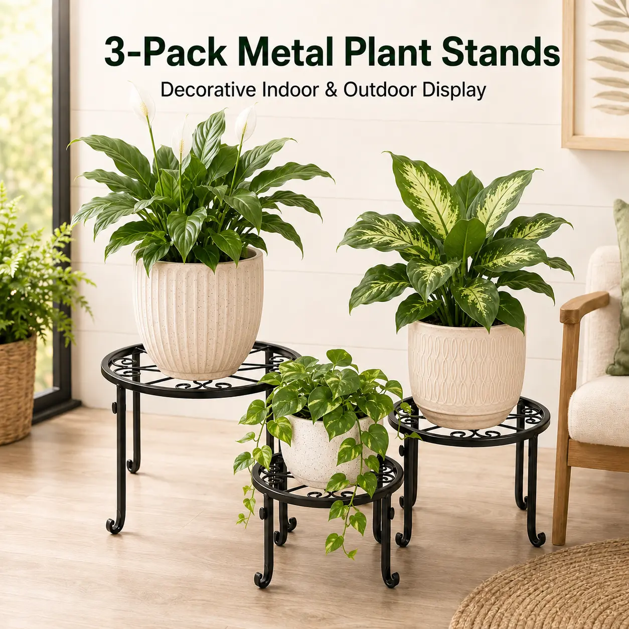 3-Piece Freestanding Metal Plant Stands Set Pack (3 Sizes), Rust-Resistant Pot Risers with Sturdy Curved Legs & Decorative Scroll Pattern, for Indoor & Outdoor Flower Pots Display, Balcony