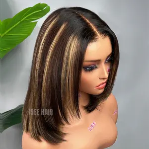 ISEE HAIR 7*5 Lace Front Glueless Wear Go Wig Highlight Brown Bob Straight Hair Wig Pre-Cut Lace & Pre-Bleached Knots & Pre-Plucked Hairline Ready To Wear Human Hair Wigs For Women Vacation Hair #SummerWins #DealsForYouDays