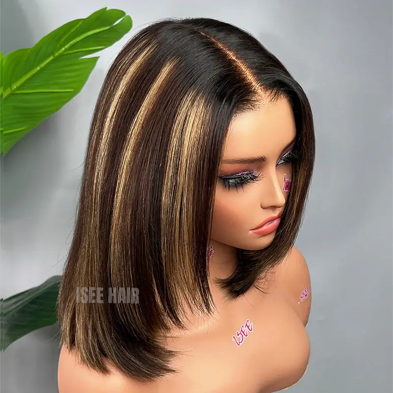 ISEE HAIR 7*5 Lace Front Glueless Wear Go Wig Highlight Brown Bob Straight Hair Wig Pre-Cut Lace & Pre-Bleached Knots & Pre-Plucked Hairline Ready To Wear Human Hair Wigs For Women Vacation Hair #SummerWins #DealsForYouDays