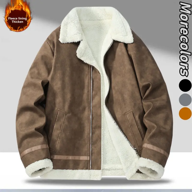 Men's Retro Vintage Leather Coat - Plush Collar, Warm Fleece Lining, Long Sleeve, Rugged Plain Stylish Outerwear, Casual Wear, Father's Day Gift, Fur & Faux Fur Jacket