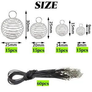 60 Piece 4 Sizes Silver Plated Spiral Stone Holder Necklace Cage Pendants Spiral Bead Cage Pendants with Chains Fashion Accessories