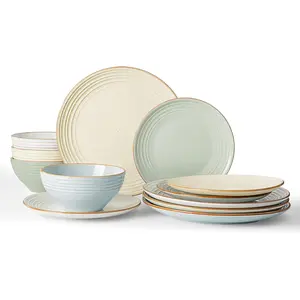 Jupiter 12- Stoneware Dinnerware Set for 4, Handcrafted Plates and Bowls with Speckles & Embossed Swirls, Chip/Scratch Resistant, Microwave/Dishwasher Safe, Modern Dishes, Multi-color
