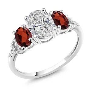 10K White Gold White IGI Certified Lab Grown Diamond and Red Garnet 3-Stone Engagement Ring For Women | 2.70 Cttw | Center 1.5 Ct Diamond | D-E Color | VS1-VS2 Clarity