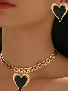 New Creative Casual Geometric Heart Pendant Necklace Set, Fashionable Rhinestone Jewelry for Women & Girls, Perfect Gift Idea, Trendy Jewelry Set