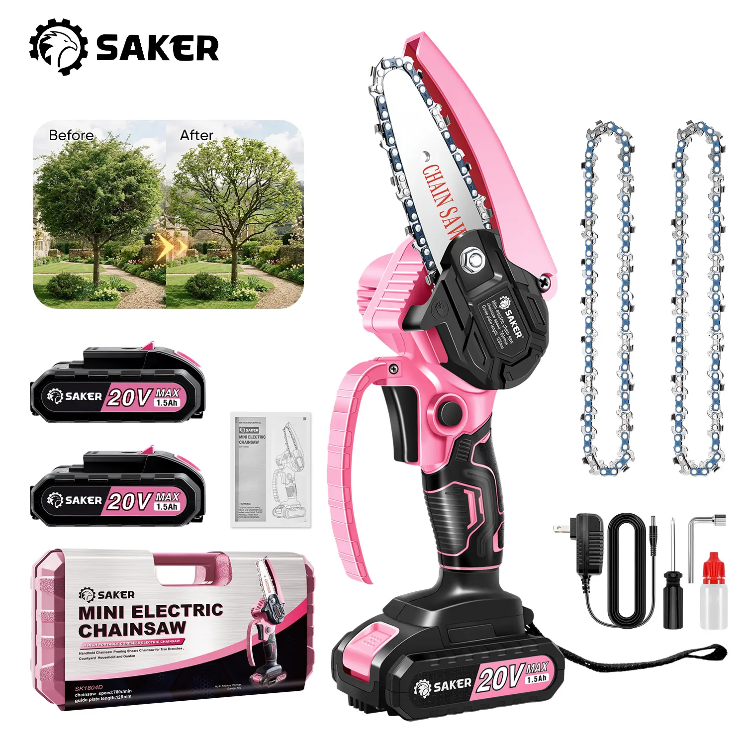 【FathersDayGift】Saker Pink 6-Inch Cordless Handheld Electric Chainsaw - Battery Powered Mini Chainsaw with Security Lock for Tree Branch Trimming, Garden Pruning, Battery Powered Chainsaw, Cordless Handheld Chainsaw