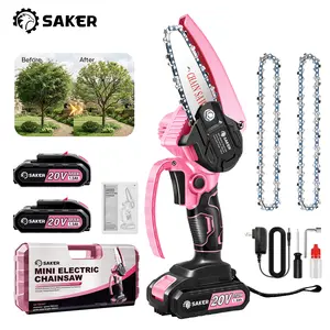 Saker Pink 6-Inch Cordless Handheld Electric Chainsaw - Battery Powered Mini Chainsaw with Security Lock for Tree Branch Trimming, Garden Pruning, Battery Powered Chainsaw, Cordless Handheld Chainsaw