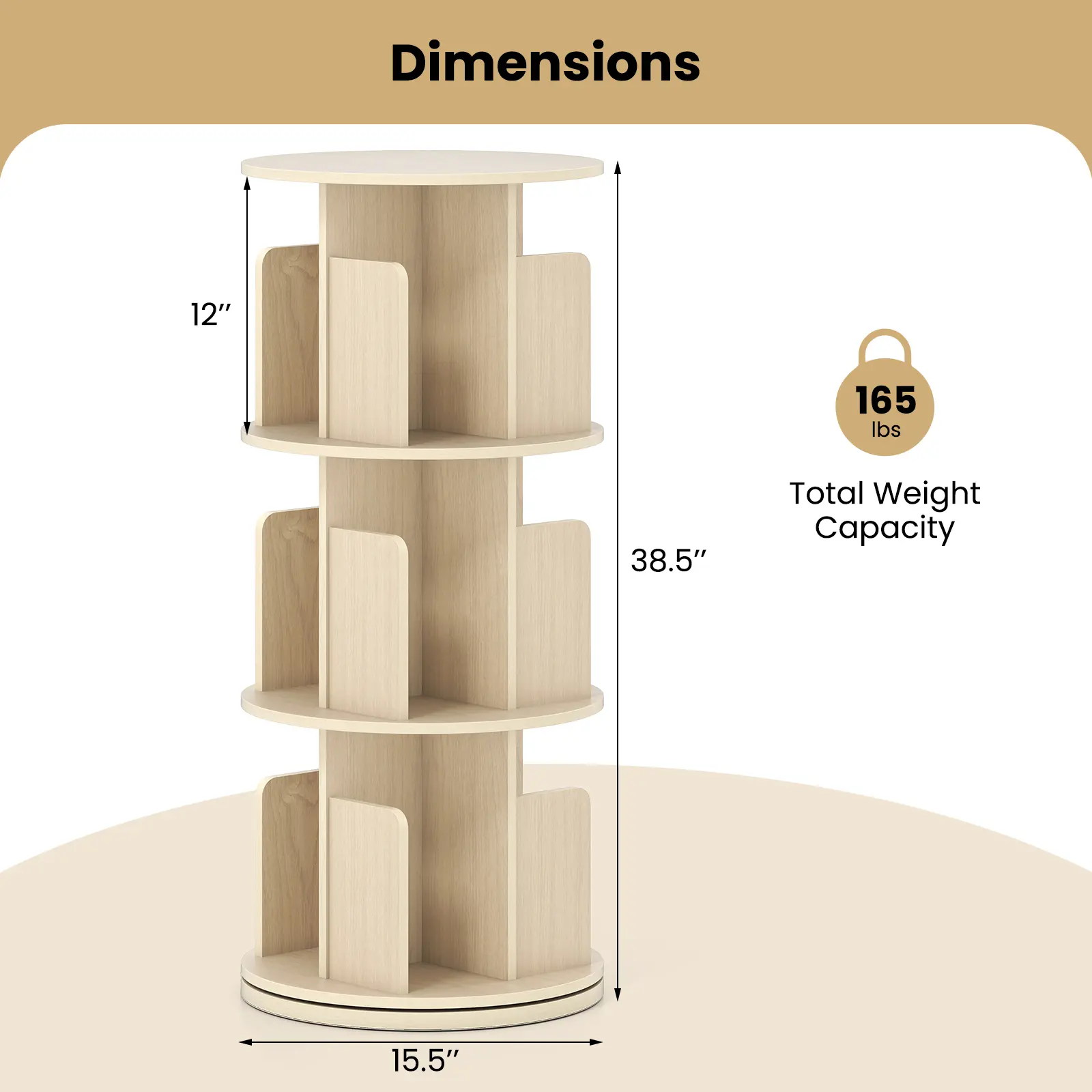 COSTWAY - 3-Tier Rotating Bookshelf with Dividers and Anti-falling Baffles-Natural